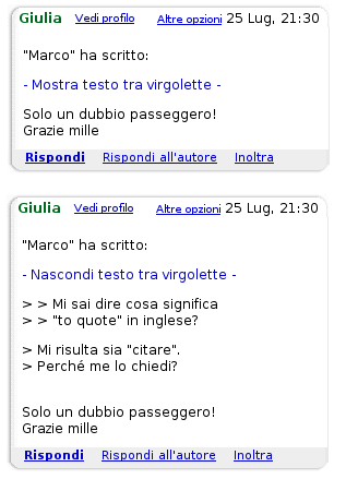 In Google Gruppi, “mostra testo tra virgolette” significa “mostra testo citato” (”show quoted text”)